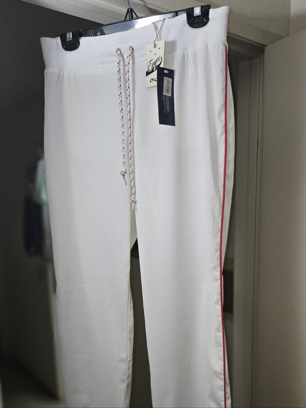 Womens White Sweat Pants with Red Side Stripe